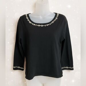 Pointelle Black Embellished Scoop Neck Top - Size L